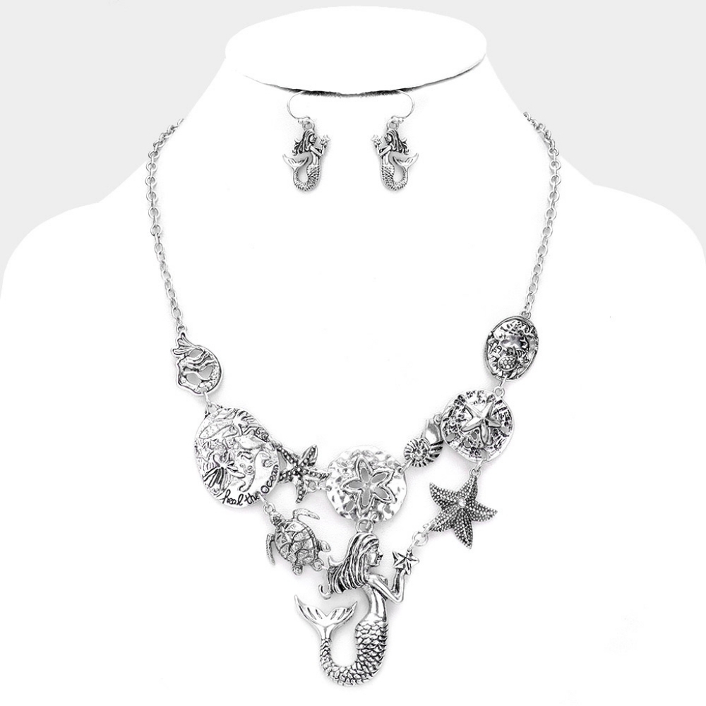 Silver Mermaid Starfish Turtle Pendant Necklace SeaLife Chain Set